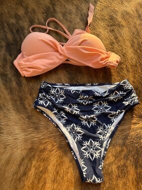 Peach Twist Bikini Top with Navy Floral High-Waist Bottoms